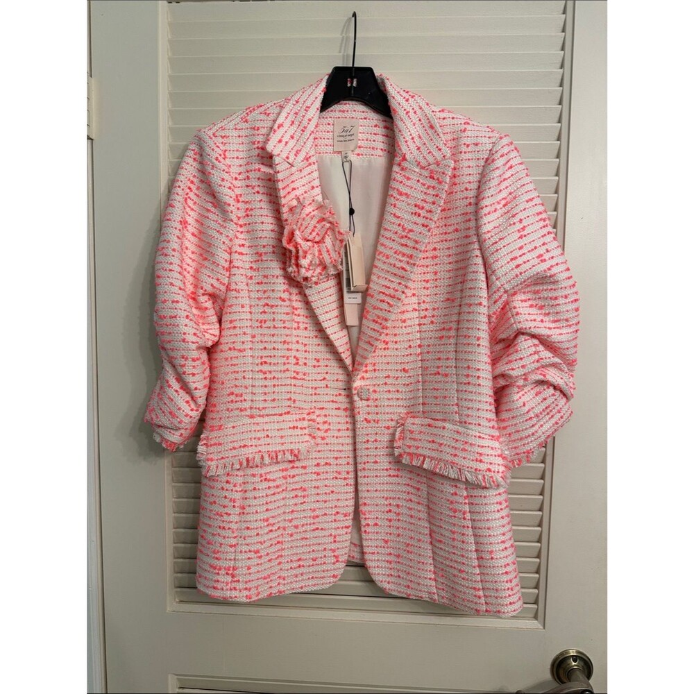 Cinq a Sept Pricilla Tweed Scrunch Sleeve Blazer Ivory/Neon Coral Size 10 NWT